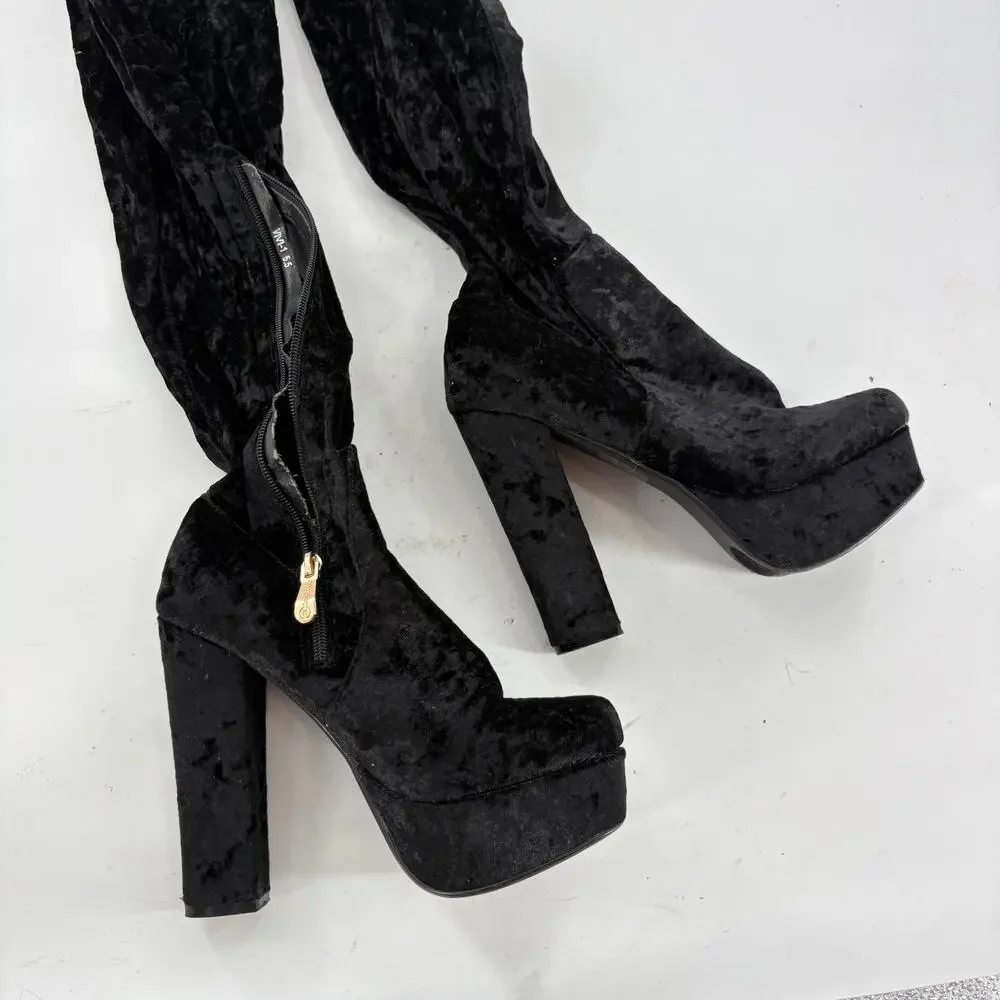 Cape Robbin Crushed Velvet Platform Boots 5.5 Black WhimsiGoth Tall Over Knee